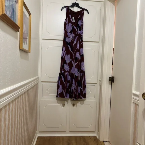 Ann Taylor Plum Floral Wrap Maxi Dress with Lavender Blooms - Picture 2 of 14